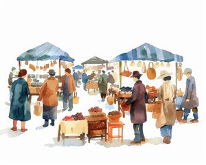 This simple watercolor scene of a bustling flea market