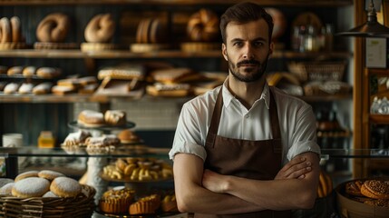 Portrait of a male owner of a bakery shop. Small business concept. hyper realistic 