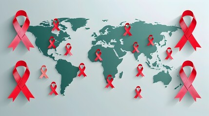 World Map with Scattered Red HIVAIDS Awareness Ribbons Clean