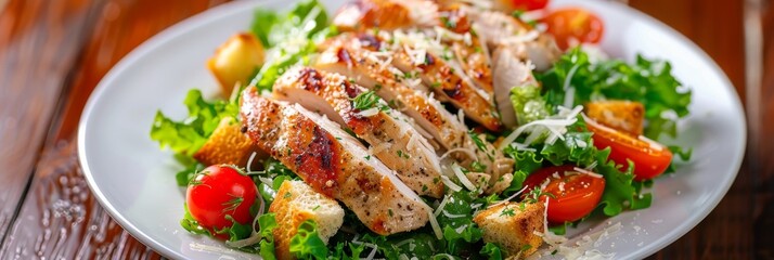 Caesar Salad with Roasted Chicken Breast, Croutons, Cherry Tomatoes and Grated Parmesan Cheese