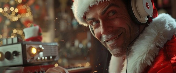 A winter holiday card with a portrait of a smiling man in a Santa Claus costume with white headphones on his head near the retro receiver in the room