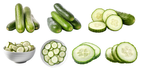 Cucumber vegetable, many angles and view side top front cluster group slice cut isolated on transparent background cutout, PNG file. Mockup template for artwork graphic design