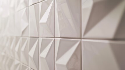 A close-up showcasing the geometric precision and clean lines of white ceramic tiles, installed on a bathroom wall for a sleek and modern look