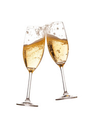 Two elegant champagne flutes filled with sparkling champagne, with a steady stream of bubbles, against a transparent background. Generative AI