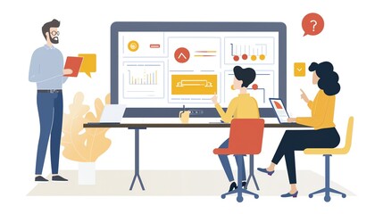 An HR manager presenting a digital onboarding process on a large interactive screen, with new hires engaging virtually, modern and efficient