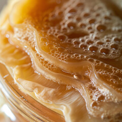Detailed view of a kombucha SCOBY in a fermentation jar, texture and layers shown in high detail