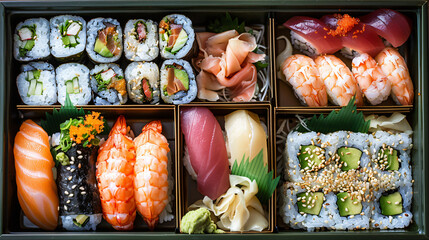 Japanese bento box: a neatly arranged assortment of sushi rolls, sashimi slices, tempura shrimp, pickled vegetables, and steamed rice, presented in a lacquered wooden box - Powered by Adobe