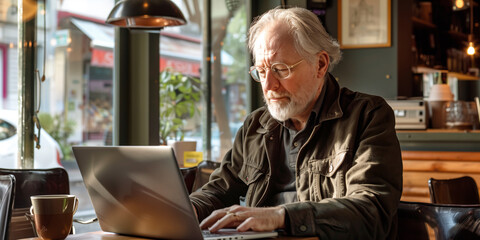 Retired professional sitting in a modern cafe, deeply engrossed in writing his blog on a sleek laptop, with a cup of artisan coffee by his side.