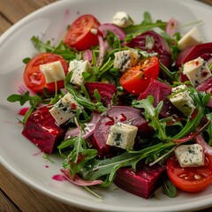 Beetroot Salad with Rucola, Gorgonzola Cheese, Veggie Salat Bowl on White Restaurant Plate