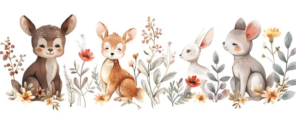 Delightful Watercolor Vignette of Woodland Animal Companions with Whimsical Floral Accents