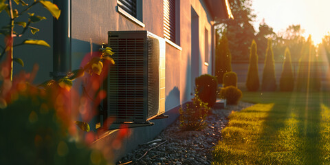 Air source heat pump installed on the wall of residential building in summer morning light.