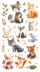 Delightful Watercolor of Diverse Cartoon Animal Friends in Lush Woodland Setting