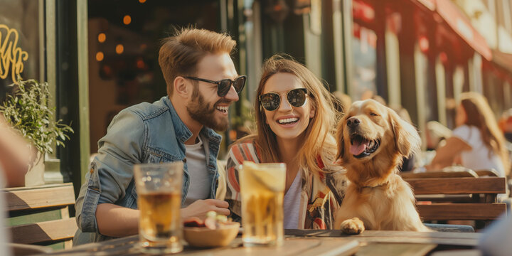 Beautiful young couple sitting in outdoor cafe with their dog on sunny summer day. Pet-friendly restaurants and cafes. - Powered by Adobe