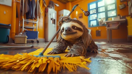 Fototapeta premium Adorable Sloth Mopping Floor in Cozy Home Environment