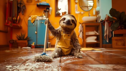 Obraz premium Playful Sloth Cleaning the Floor in Cozy Retro Styled Room