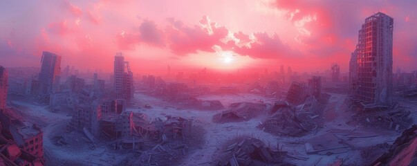 A post-apocalyptic city in ruins under a pink sky