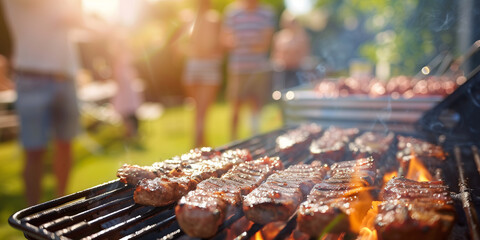 Group of cheerful young friends having a backyard barbecue party, grilling meat, drinking beer and...