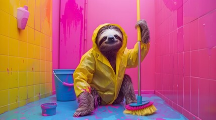 Obraz premium A Surreal of a Sloth Cleaner Working with Mop and Bucket in Vibrant Colored Background