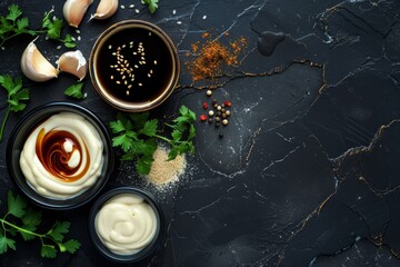 Brown Soy Sauce and White Mayonnaise Sauce with Garlic and Herbs on Dark Marble Background Top View