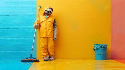 Fototapeta premium Surreal of Sloth Cleaning Worker Using Mop on Vibrant Colored Background