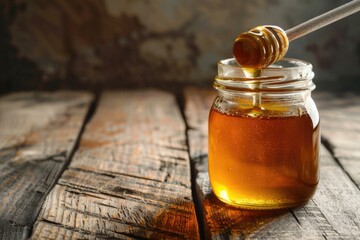 A jar of honey with a stick inside. Suitable for food and culinary concepts