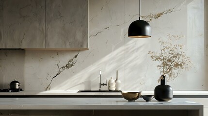 Close-Up of Marble Kitchen Bench Black Pendant Light Fixture
