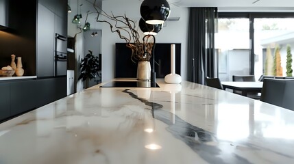 Close-Up of Marble Kitchen Bench Black Pendant Light Fixture