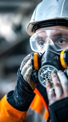Closeup of a worker adjusting a modern dust mask, detailed view of the filter and straps, with construction tools blurred in the background