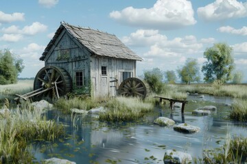 A small wooden building next to a river. Ideal for nature or vacation concepts