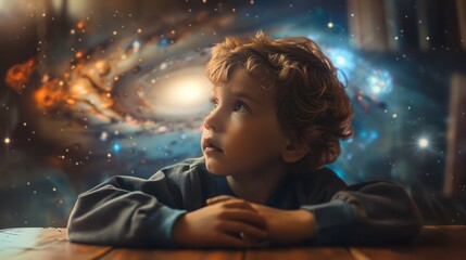 A Wonder-Filled Gaze: Exploring the Enchantment of a Galaxy Through a Child's Eyes Amidst the Splendor of a Luminous Starry Night.