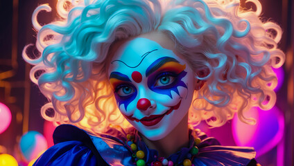 Colorful vivid portrait of a beautiful glowing woman with wavy hair wearing vibrant jester clothes