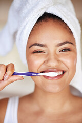 Happy, hygiene and portrait of woman with toothbrush for morning dental health routine in bathroom. Smile, wellness and female person with oral care product for plaque, gums and fresh breath at home.