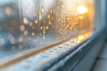 Close-up view of raindrops on a window. Perfect for weather or cozy atmosphere concepts