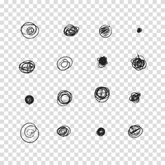 Scribble doodle circle and point. Collection black shapes dots and drops. Set of hand drawn doodle circles in a grunge style. Vector illustration for bullet journal. Transparent background.