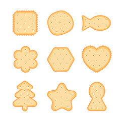 Biscuit cookie snacks. Cracker chips set. Breakfast dessert pastry.