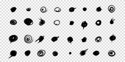 Set of hand drawn doodle circles in a grunge style. Vector illustration for bullet journal. Transparent background. Scribble doodle circle and point. Collection black shapes dots and drops.