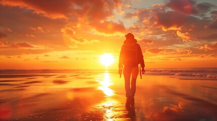 Walking on sunshine, excitement, man walking on beach at sunset, water recreational pursuit tranquil scene cloud sky