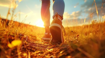 Walking on sunshine, excitement, woman walking in at sunset, human foot rural scene lifestyle sports training sports shoe