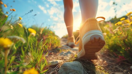 Walking on sunshine, excitement, woman walking on trail in mountains, summer activity shoe sports training lifestyle