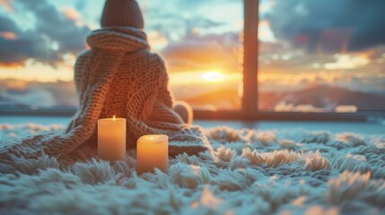 Have warm glow inside, woman sitting on rug with candle in front of window at sunset, snow romance celebration comfortable cozy