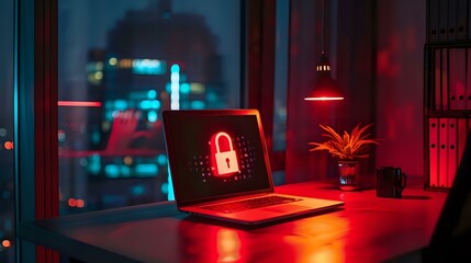 Modern Office Laptop Red Glow, Padlock on Screen - Cyber Security Importance