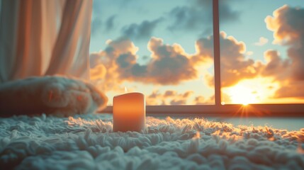 Have warm glow inside, candle on rug in front of window with sunset in background, sand flame home interior vacation dark