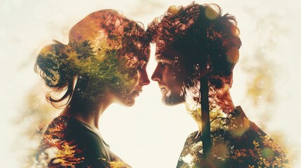 man and woman love, couple in woods, fun embracing flirting kissing portrait, double exposure