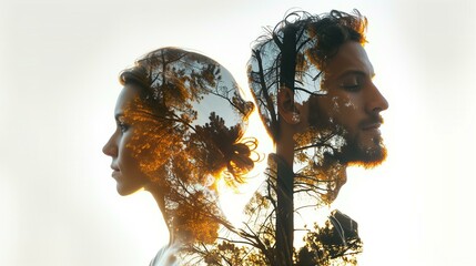 man and woman opposite, couple in woods, headshot back lit creativity love profile view, double exposure
