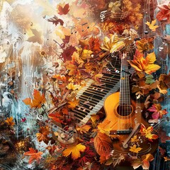 Autumn Music Collage, Surreal Trendy Contemporary Poster, Fall Music Concept, Copy Space