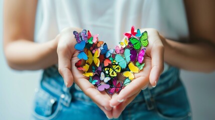 Butterflies in stomach, woman holding colorful butterflies in her hands, toy lifestyle beauty family playful