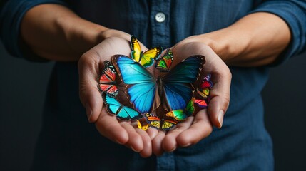 Butterflies in stomach, person holding butterfly in their hands, fragility concept fun summer touching