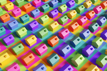 Array of rows of colourful toy houses on a multi-colored background. Illustration of the concept of real estate properties and residential housing problems