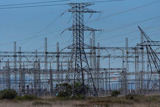 Hopefield, Western Cape, South Africa. 16. 04. 2024. Electrical power lines supplying electrcity for the national grid in S Africa.