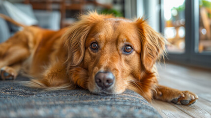 A charming golden retriever lying on a textured rug, with a clear view of his expressive eyes and rich, shiny fur.